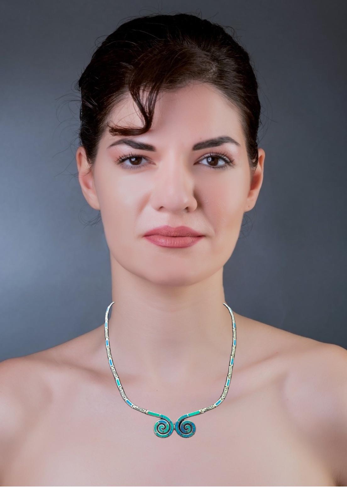 Blue Opal Double Spiral Necklace, Greek Key Meander Design