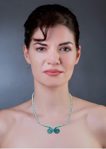Blue Opal Double Spiral Necklace, Greek Key Meander Design