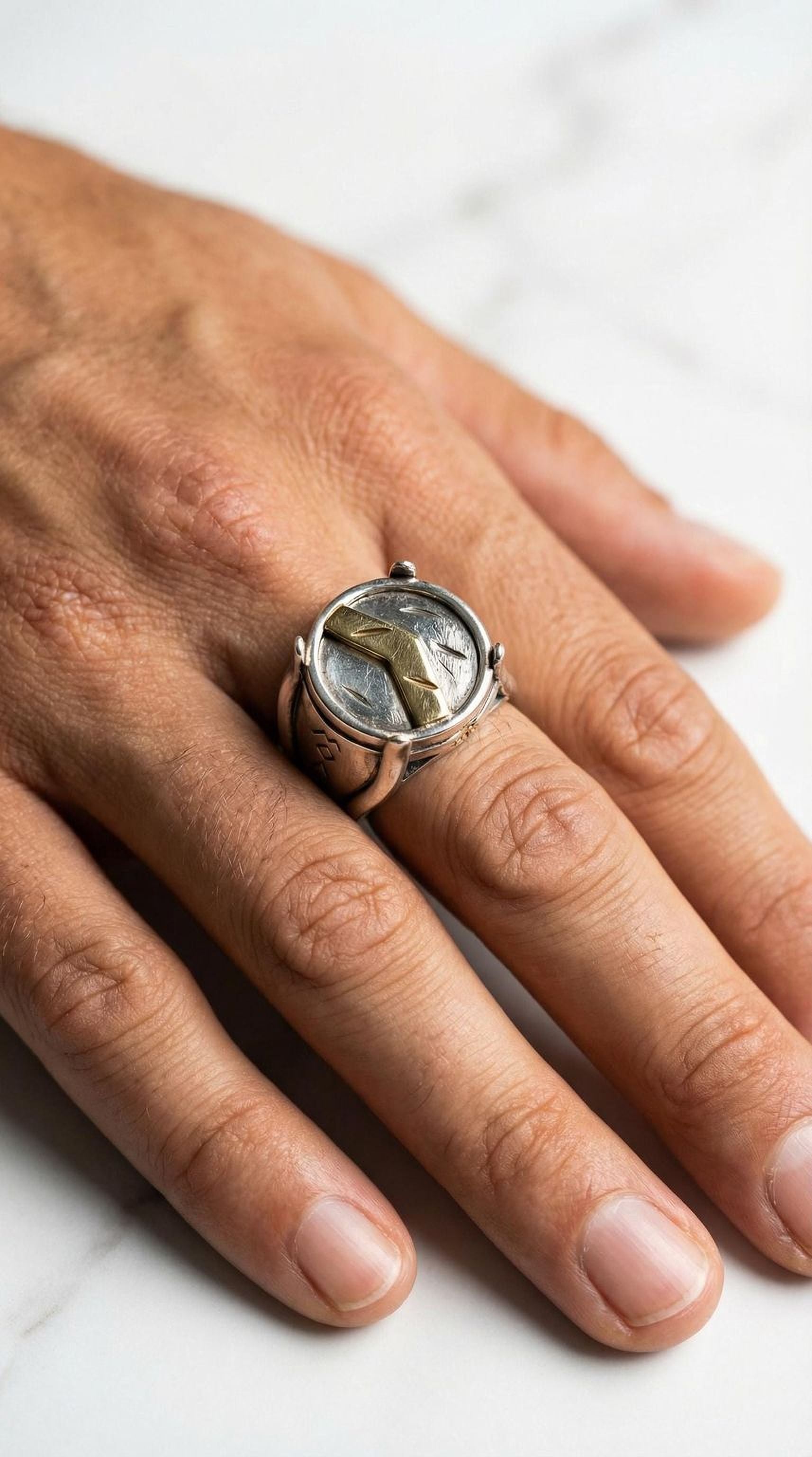 A close-up image of a person's hand wearing a silver ring with a unique design.