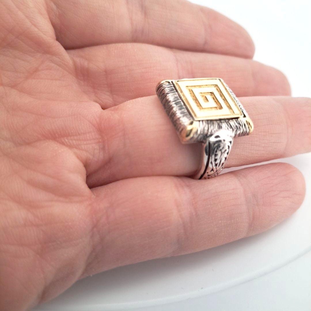 Byzantine Statement Ring – Two Tone Gold Silver Ornate Square Band