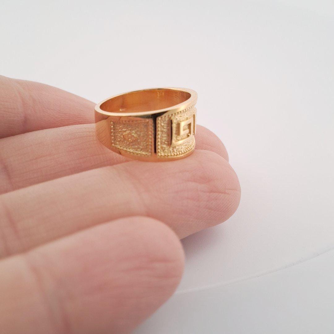 Greek Key Ring – Gold Plated Sterling Silver Wide Band Byzantine Meander Jewelry