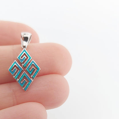 Sterling Silver 925 Blue Opal Greek Key Pendant, Rhombus Shape, Meander Design