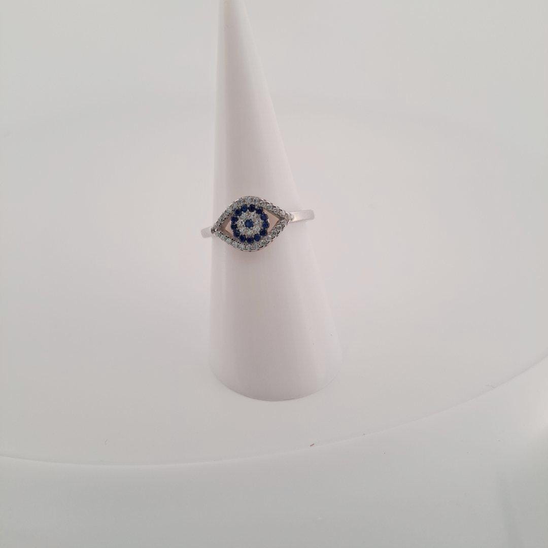 Silver Evil Eye Ring – Blue Zircon Center, Dainty Protective 925 Silver Band
