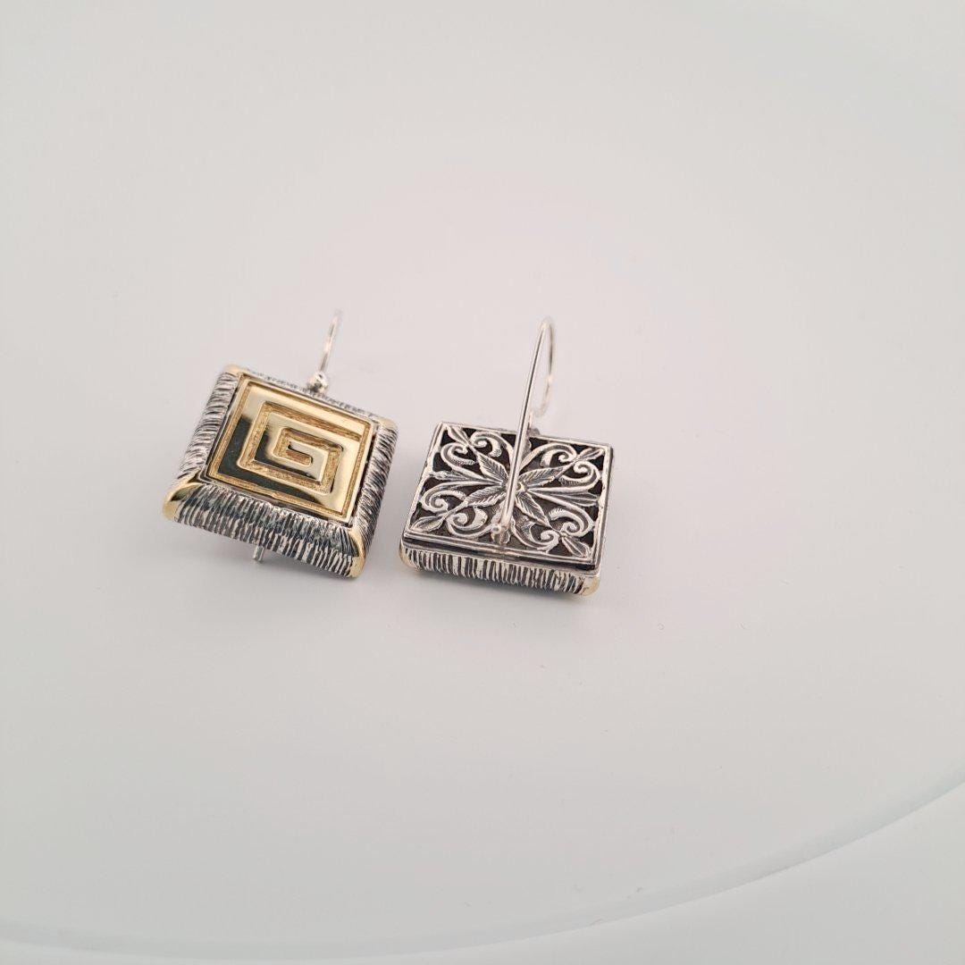 Greek Key Dangle Earrings – Two Tone Byzantine Style Square Drop Jewelry
