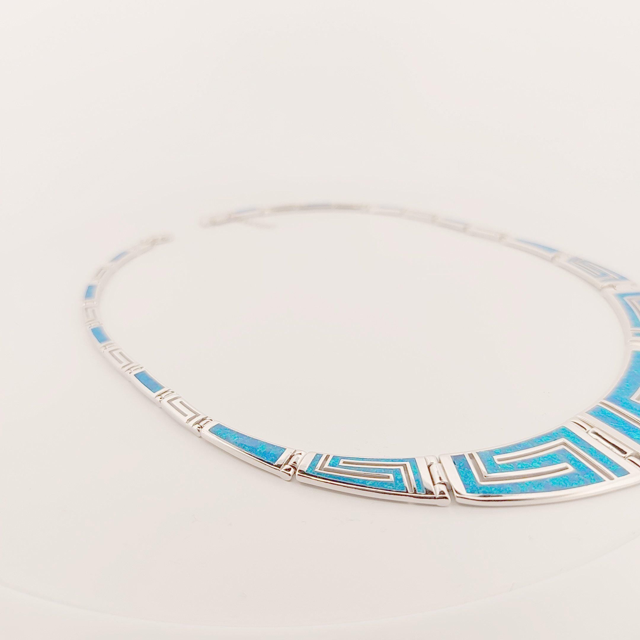 Sterling Silver Blue Opal Necklace, Greek Key Meander Design 925 Silver