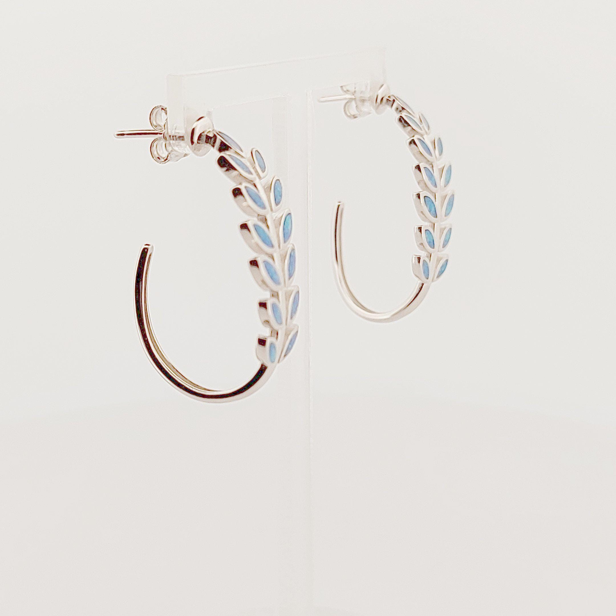 Opal Inlay Olive Leaf Hoop Earrings: 925 Sterling Silver, Greek Design