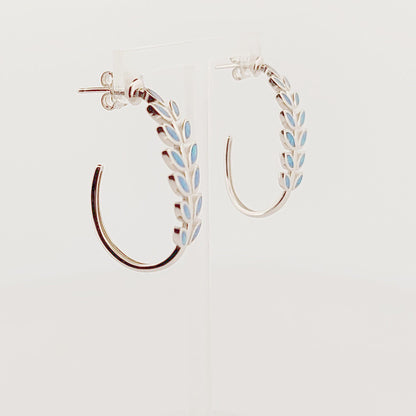 Opal Inlay Olive Leaf Hoop Earrings: 925 Sterling Silver, Greek Design