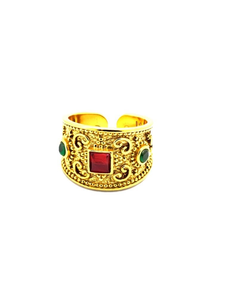 Byzantine Filigree Ring – Gold Tone Adjustable Cuff With Red & Green Zircon