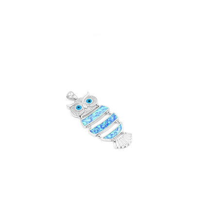 Blue Opal Owl Pendant: Sterling Silver 925, Artisan Crafted