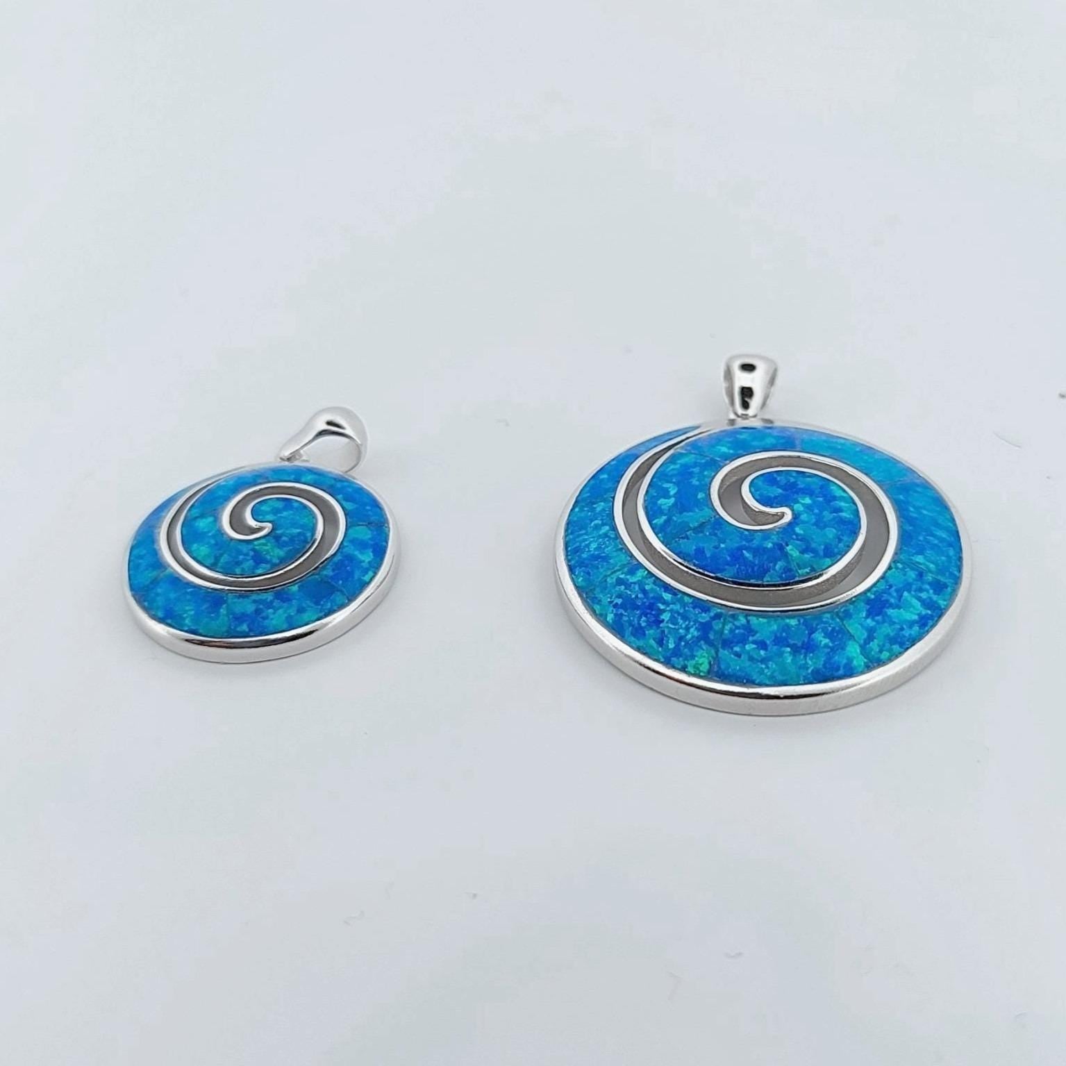Blue Opal Sterling Silver Pendant: Greek Key Spiral Design