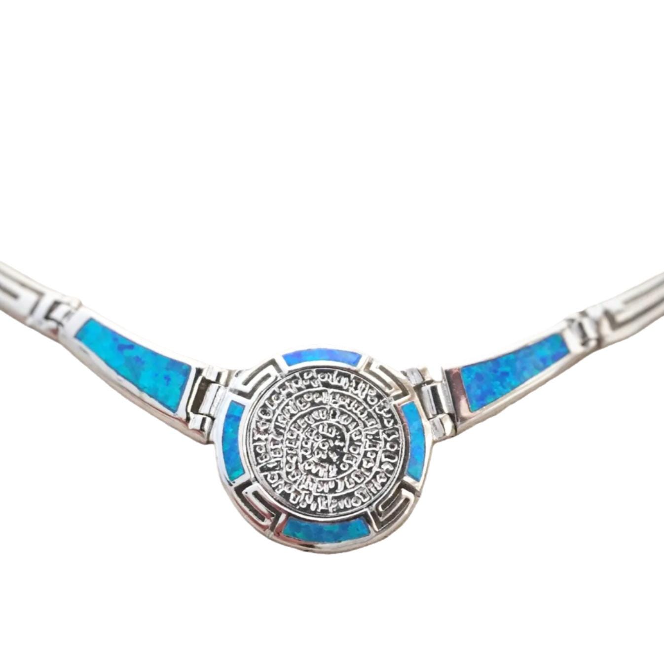 Blue Opal Phaistos Disc Necklace: Sterling Silver Greek Key Design