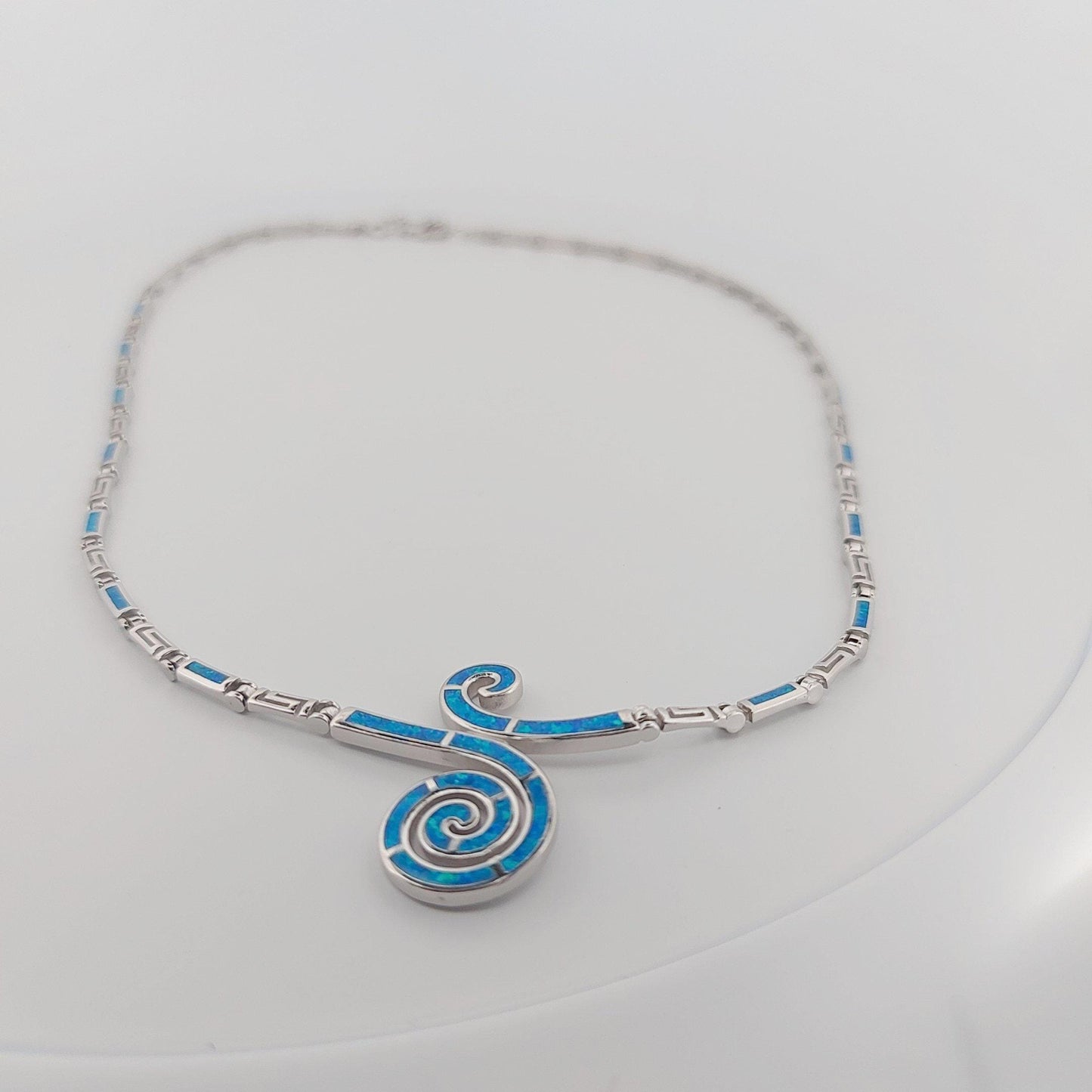 Blue Opal Sterling Silver Necklace, Spiral Meander Design