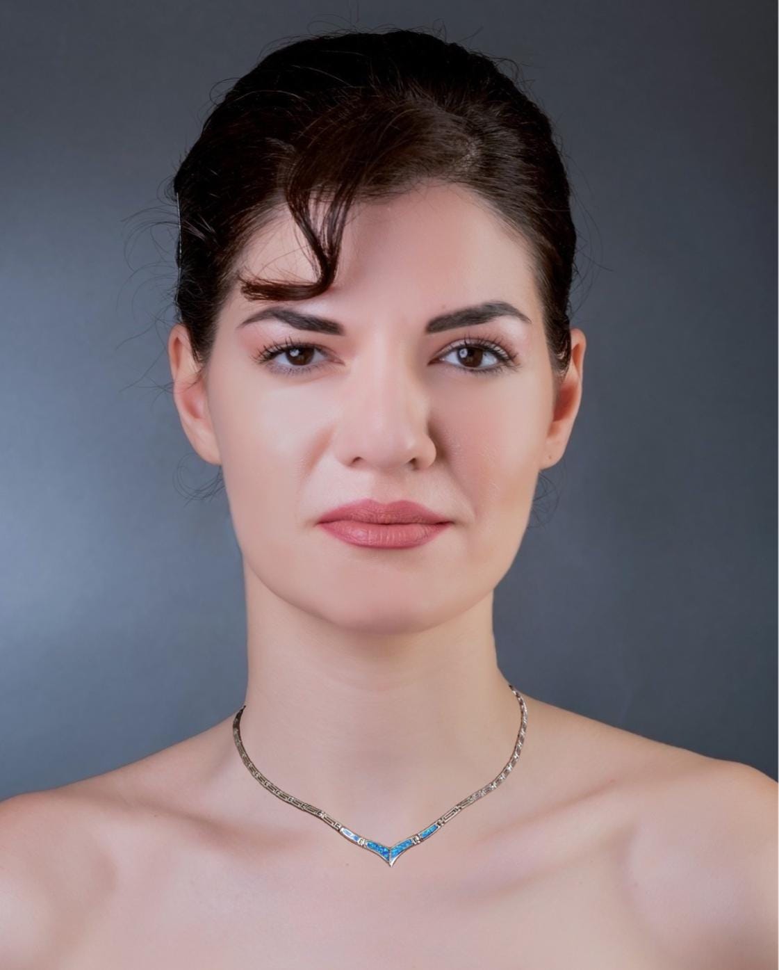 Blue Opal V-Shape Necklace, Greek Key Meander Design