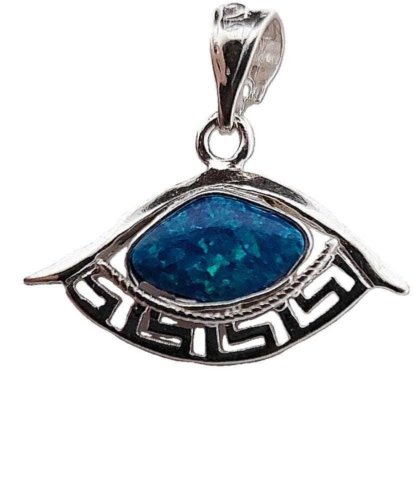 Sterling Silver Blue Opal Eye Pendant, Greek Key Meander Design, Charm
