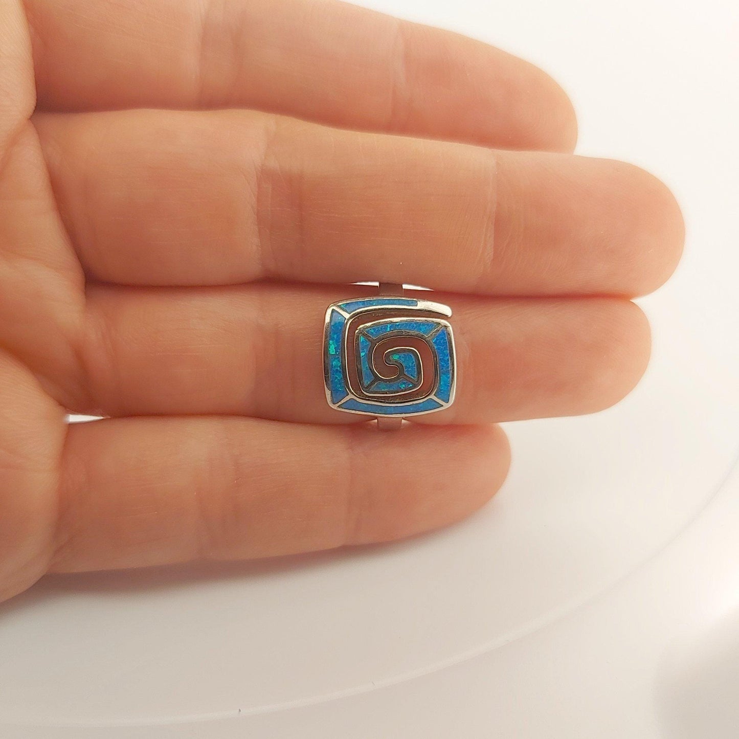 Sterling Silver Blue Opal Ring, Greek Key Meander Design, Rectangle Statement Ring