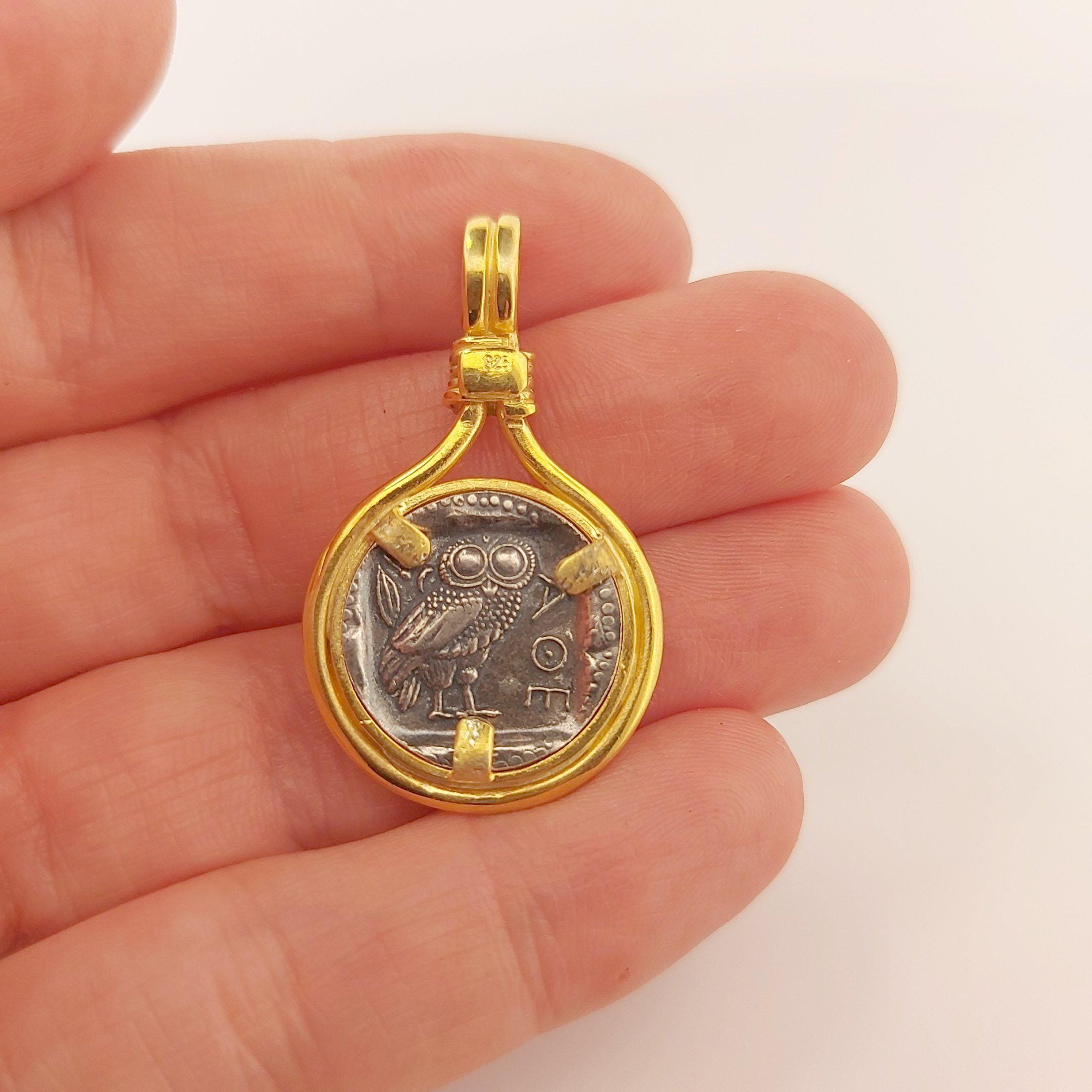 Athena Greek Goddess Bangle: Silver & Gold Coin Medallion Bracelet