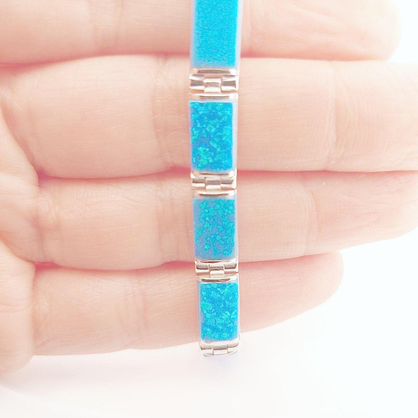 Sterling Silver Blue Opal Link Bracelet, Greek-Inspired Design