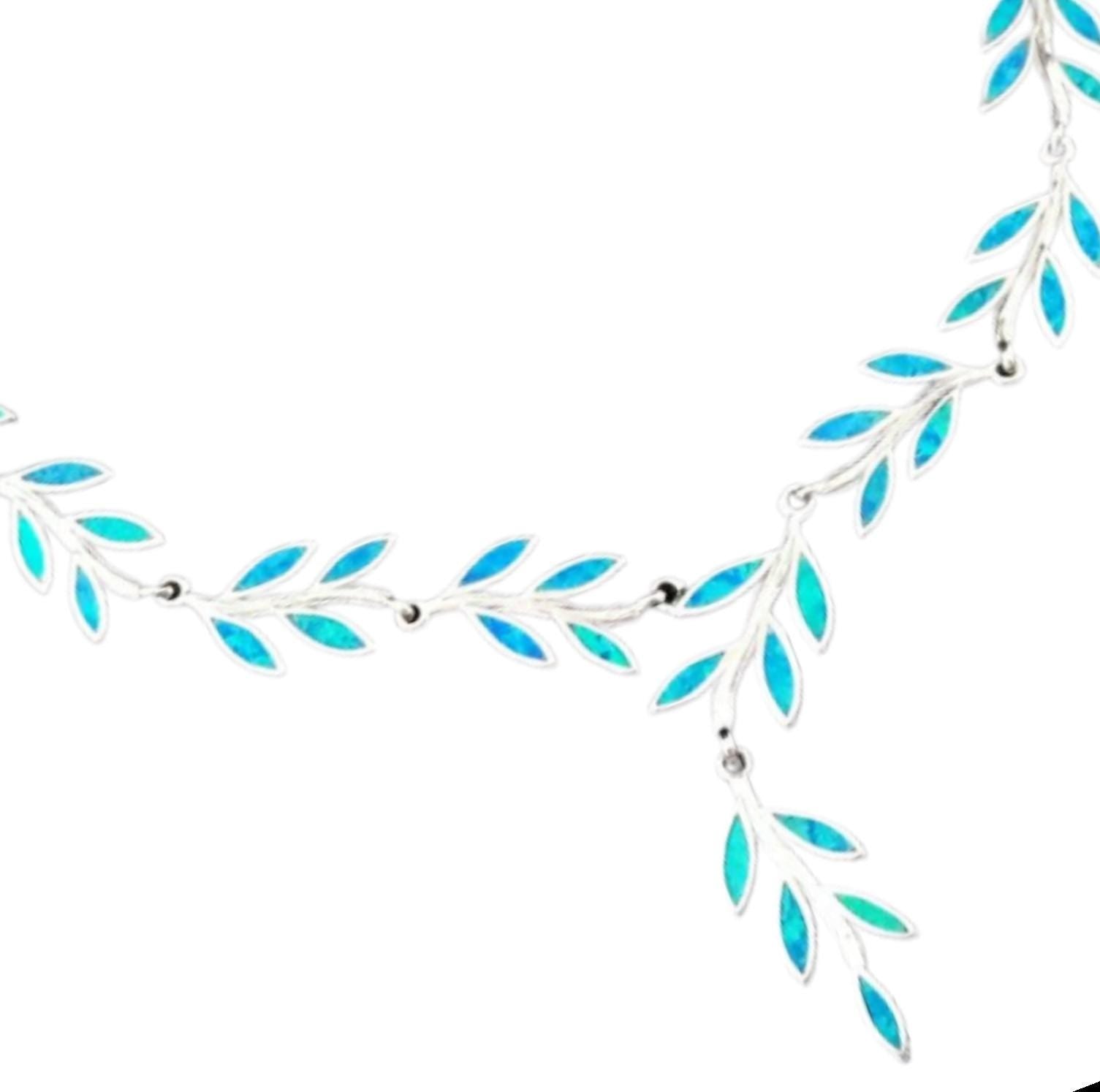 Opal Blue Olive Leaves Necklace, Sterling Silver Pendant