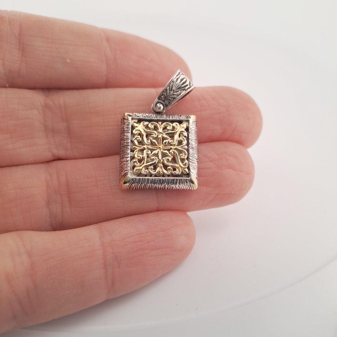 Byzantine Square Pendant – Two Tone Necklace With Ornate Cross Art Design