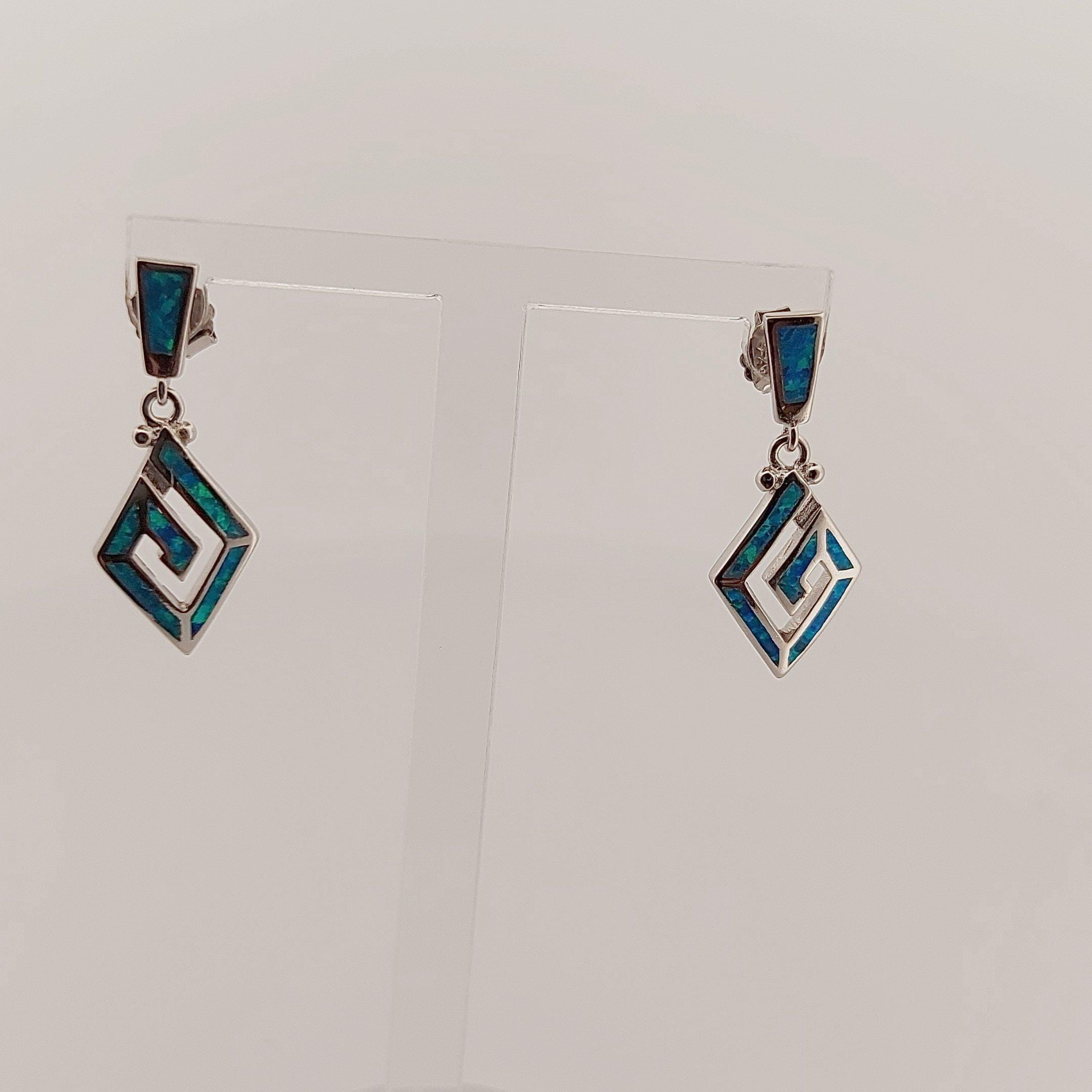 Blue Opal Sterling Silver Dangle Earrings: Greek Key Diamond Design