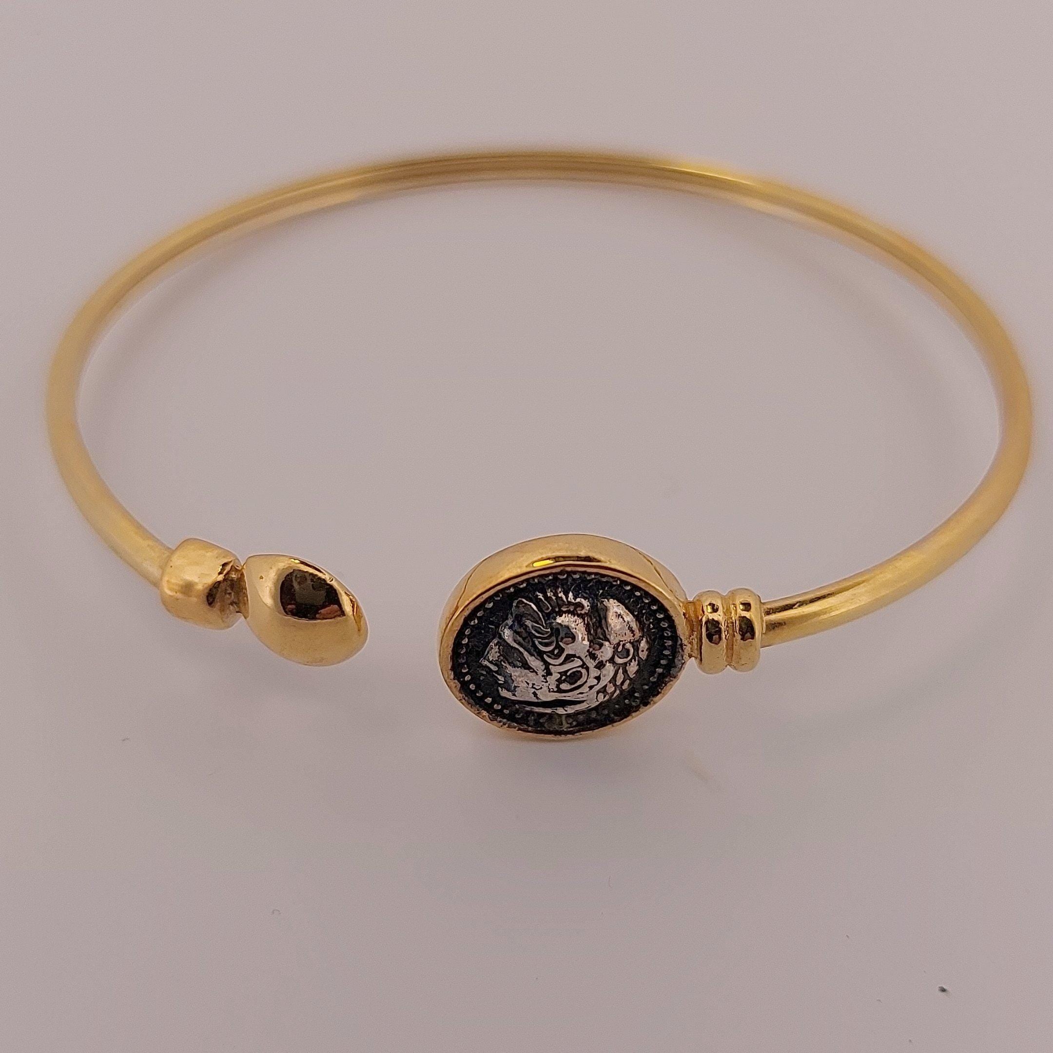 Alexander the Great Bracelet, Silver and Gold Plated, Greek Coin Bangle
