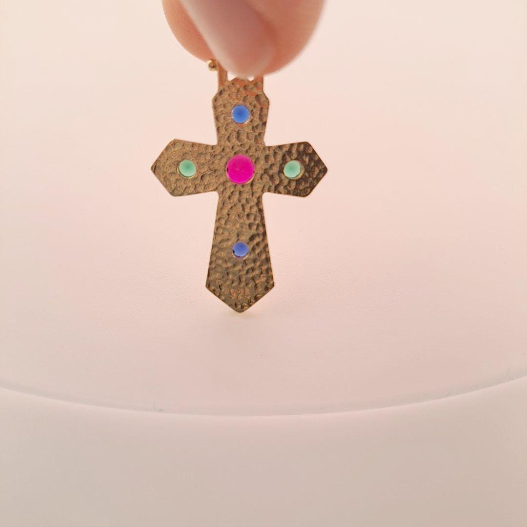 Byzantine Cross Pendant – Gold Multicolor Gemstone Antique Greek Jewelry Charm
