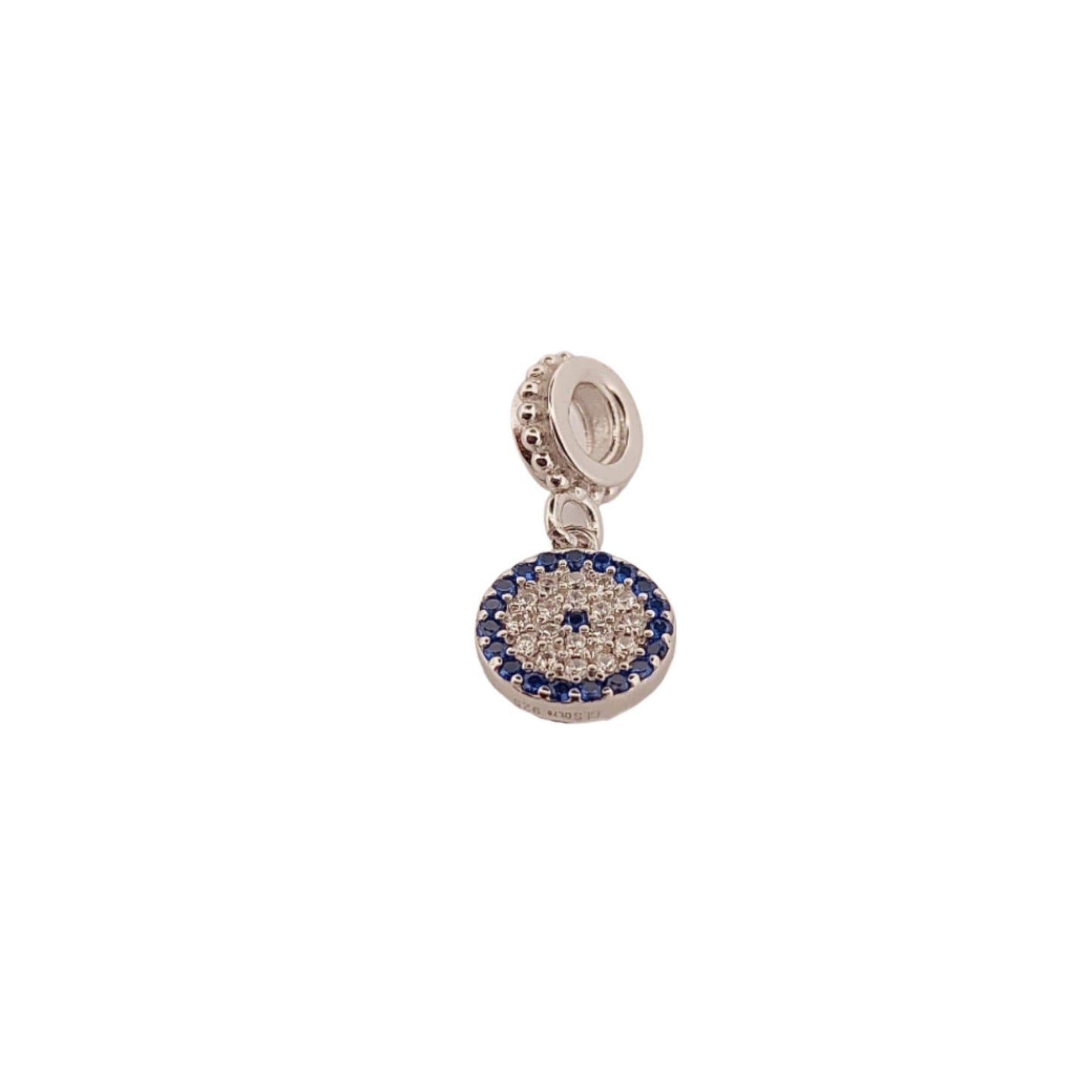 Evil Eye Charm Bead with Blue Stones and Crystals, Greek Design Bracelet, Sterling Silver