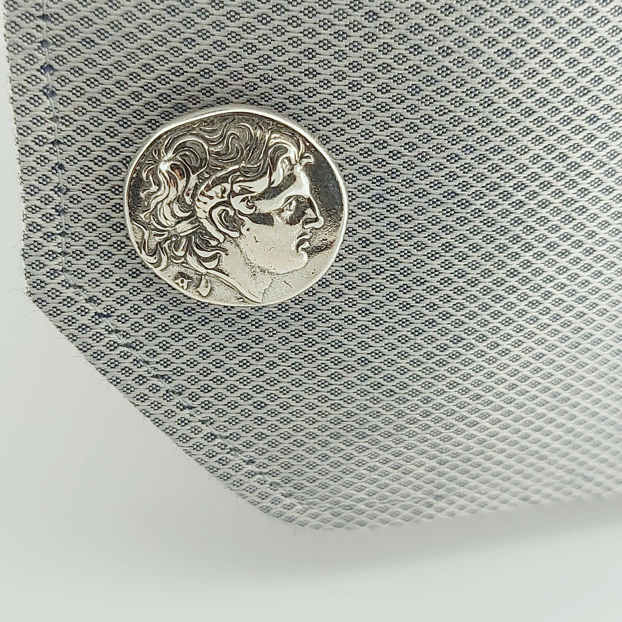 Sterling Silver 925 Alexander The Great Cufflinks, Round Design, Classical Style