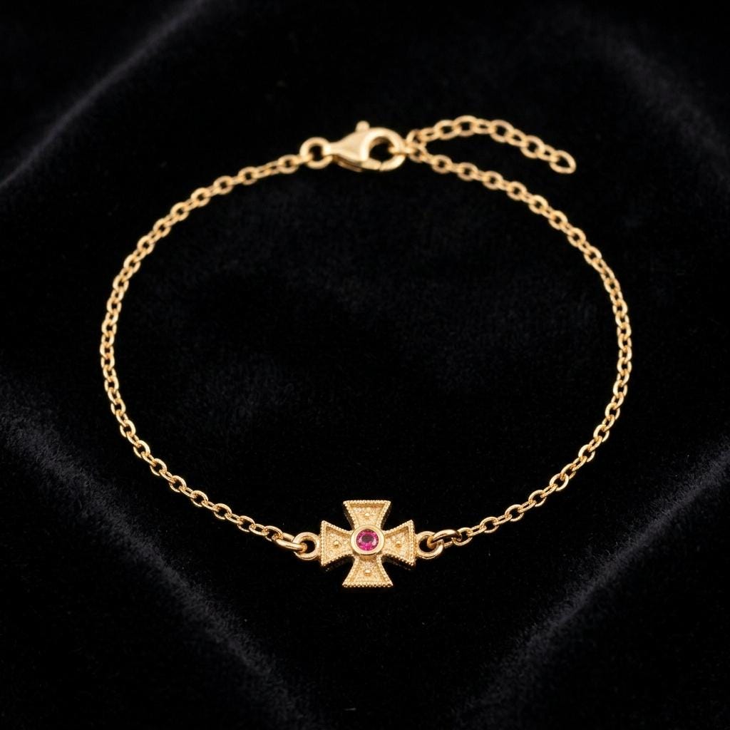 Byzantine Cross Bracelet - Gold Plated Sterling Silver Chain With Red Ruby Gemstone