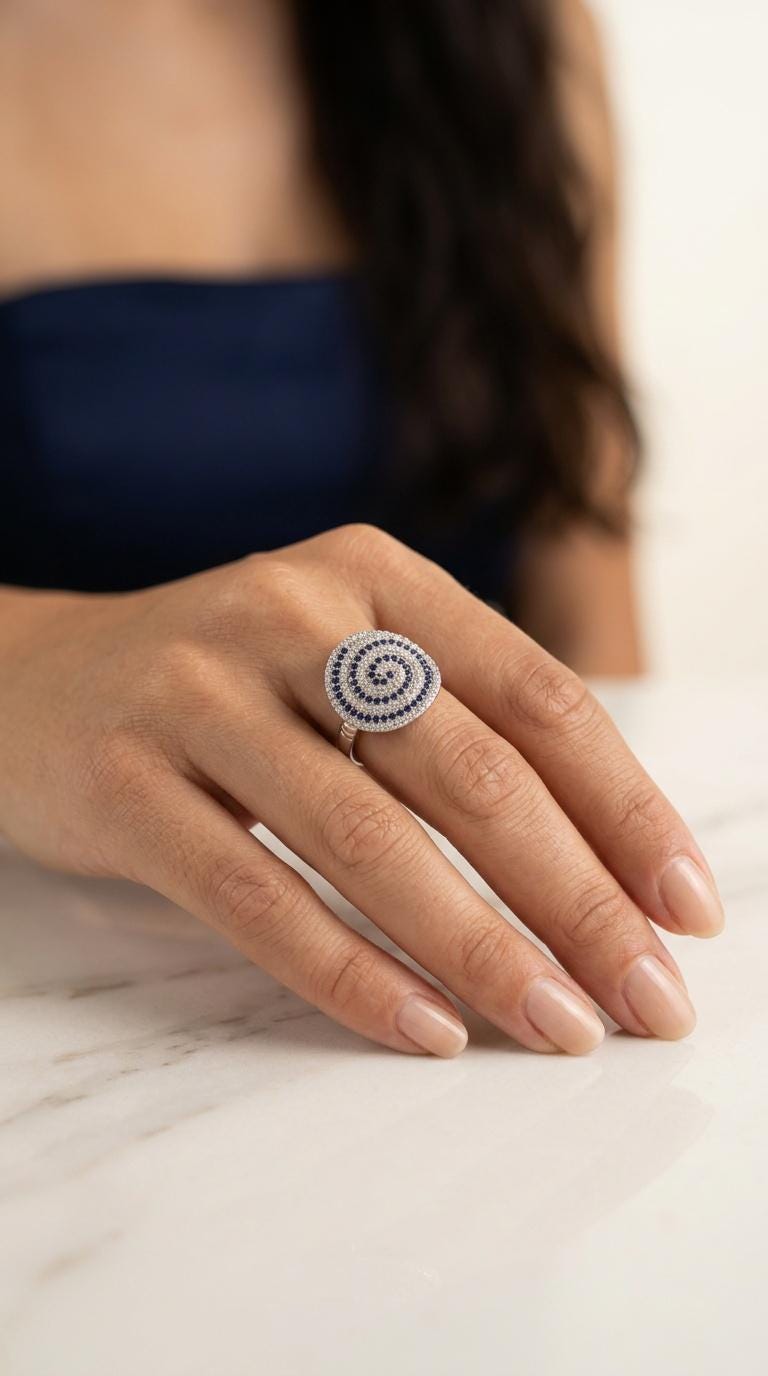 Sterling Silver Ring – Greek Key Evil Eye Protection Statement With Blue Zircon