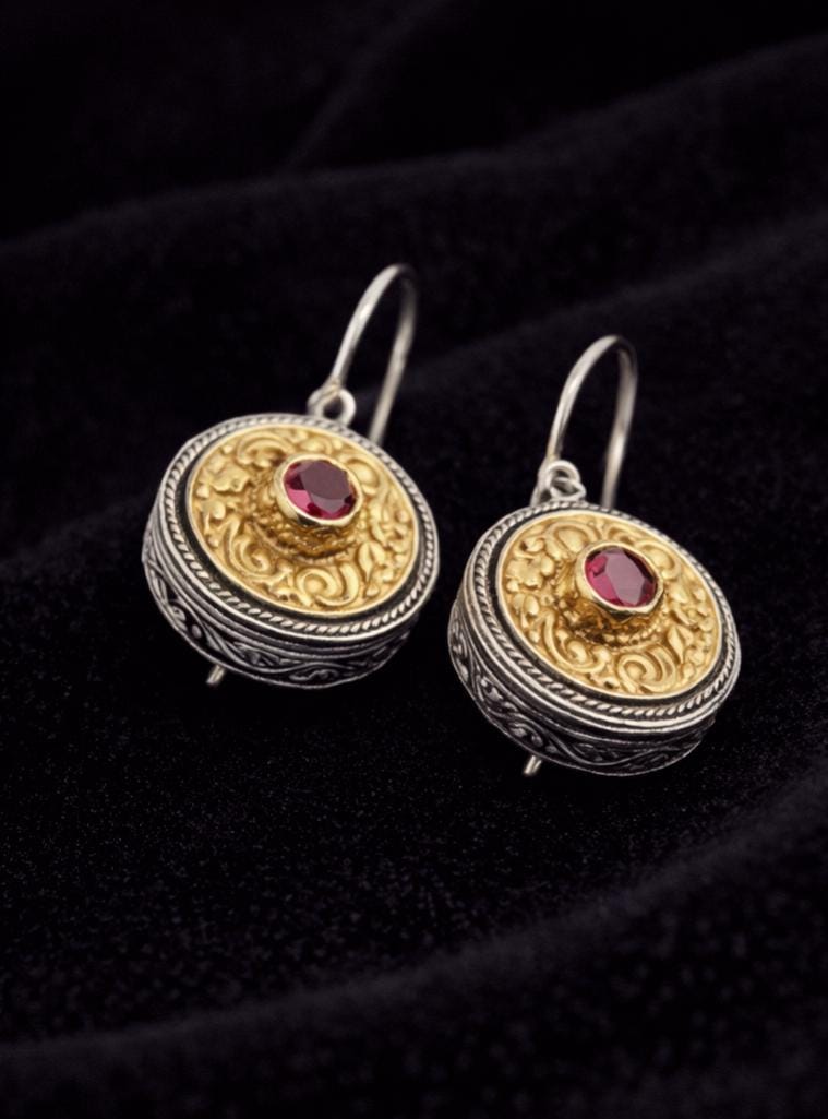 Gold Plated Ruby Earrings – Two Tone Dangle Earrings with Vintage Filigree Design