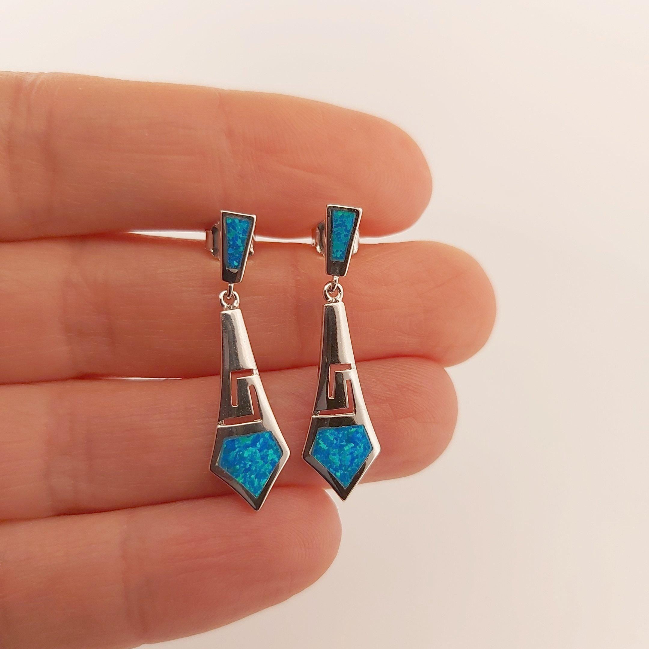 Sterling Silver Blue Opal Dangle Earrings: Greek Key Diamond Design