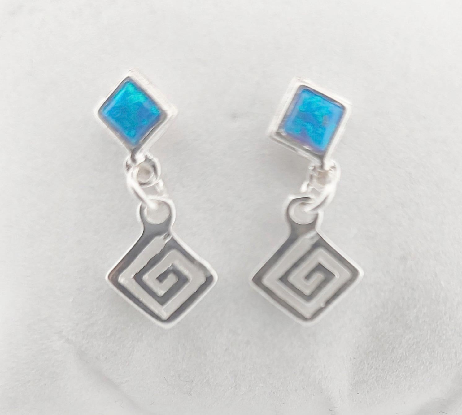Sterling Silver Opal Dangle Earrings: Greek Key Meander Design