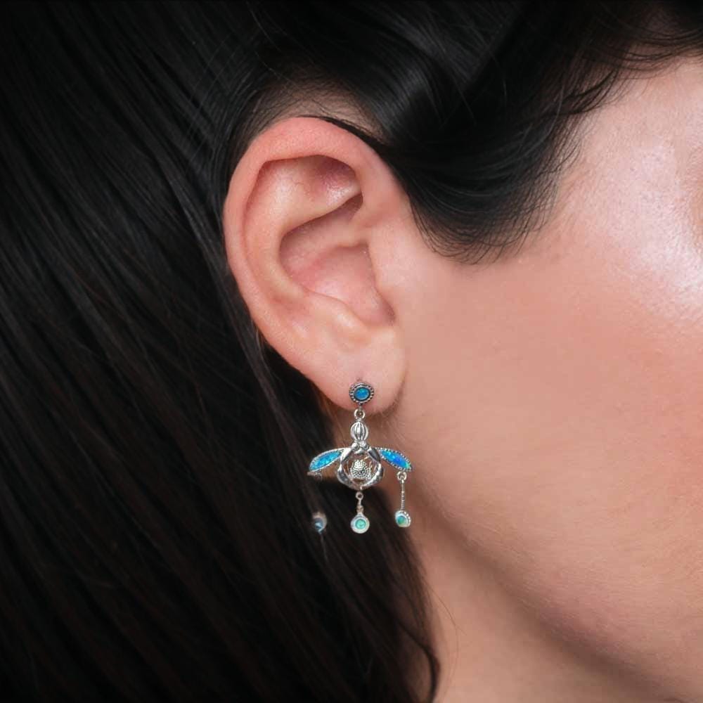 Silver Minoan Bees Dangle Earrings: Blue Opal, Greek History Inspired