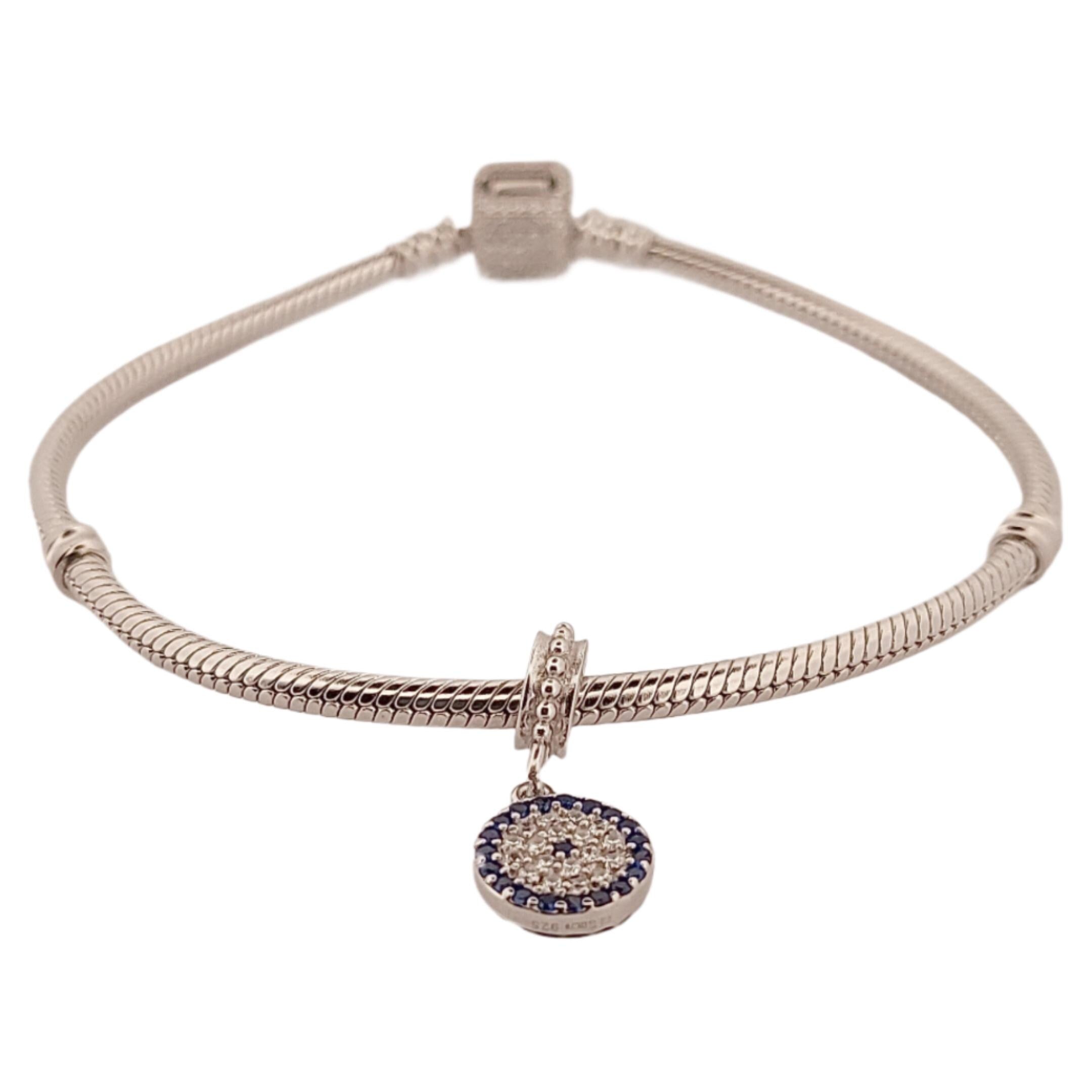 Evil Eye Charm Bead with Blue Stones and Crystals, Greek Design Bracelet, Sterling Silver