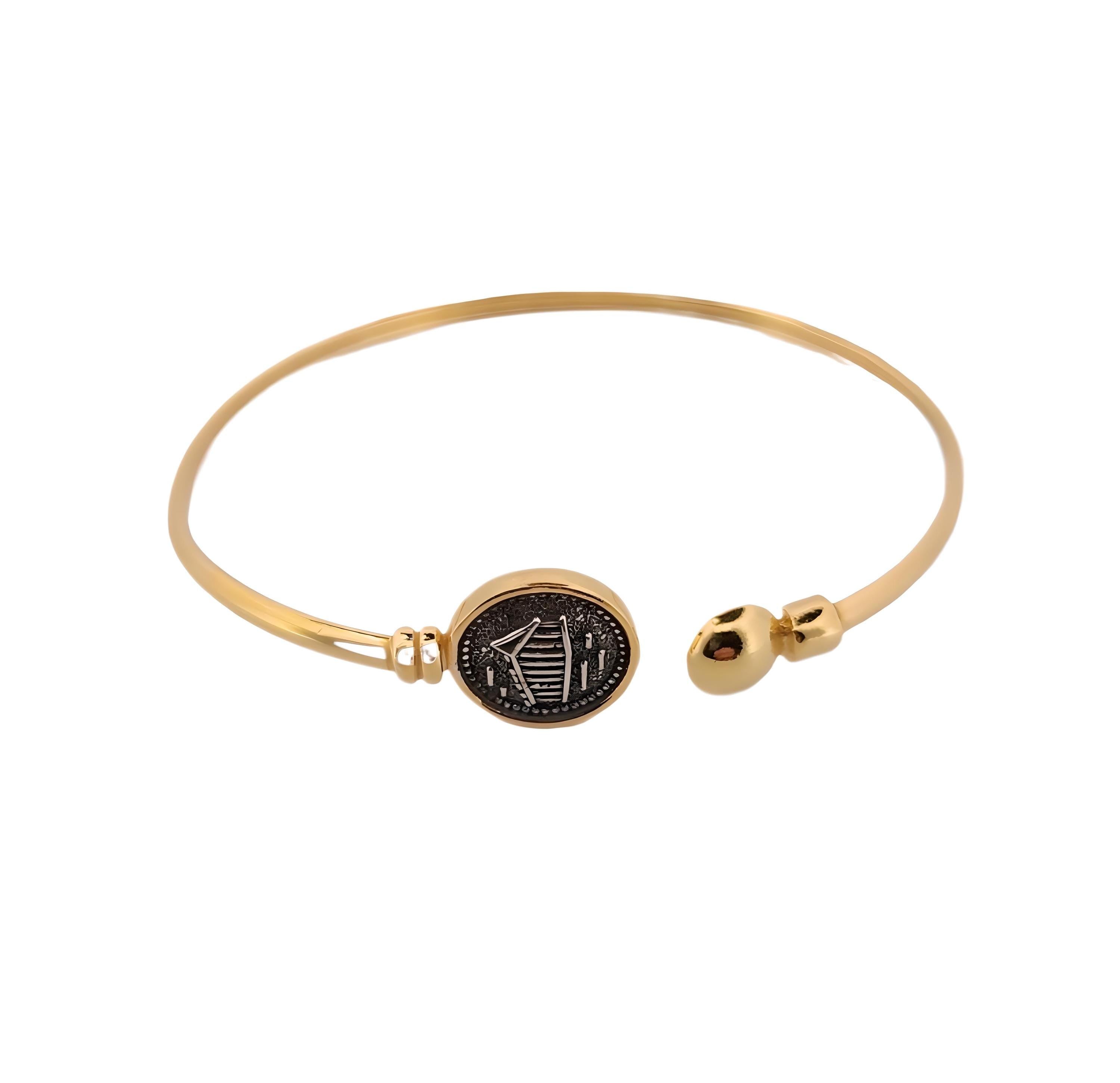 Parthenon Temple Bracelet, Gold Plated Silver, Greek Acropolis Design, Adjustable Bangle
