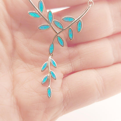 Sterling Silver Blue Opal Olive Branch Leaf Pendant Necklace