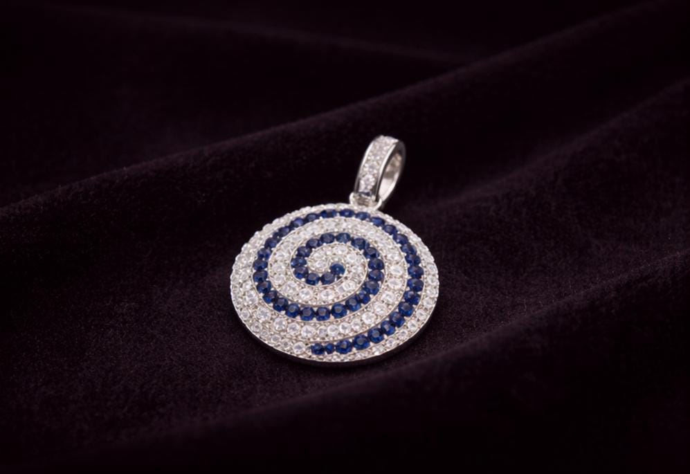Silver Spiral Pendant | Greek Key Necklace With Blue Zirconia Stones
