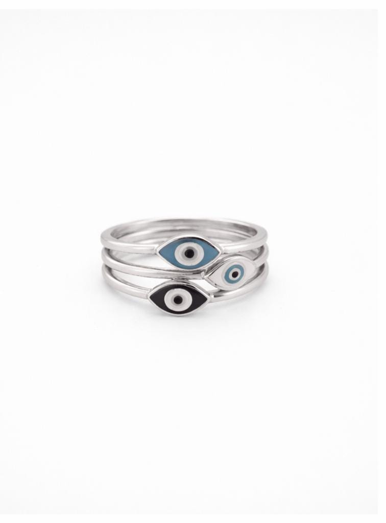 Silver Evil Eye Ring – Triple Band Stacked Multi Color Protective Jewelry