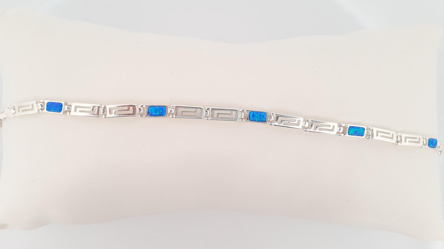 Greek Key Blue Opal Silver Bracelet, Meander Design