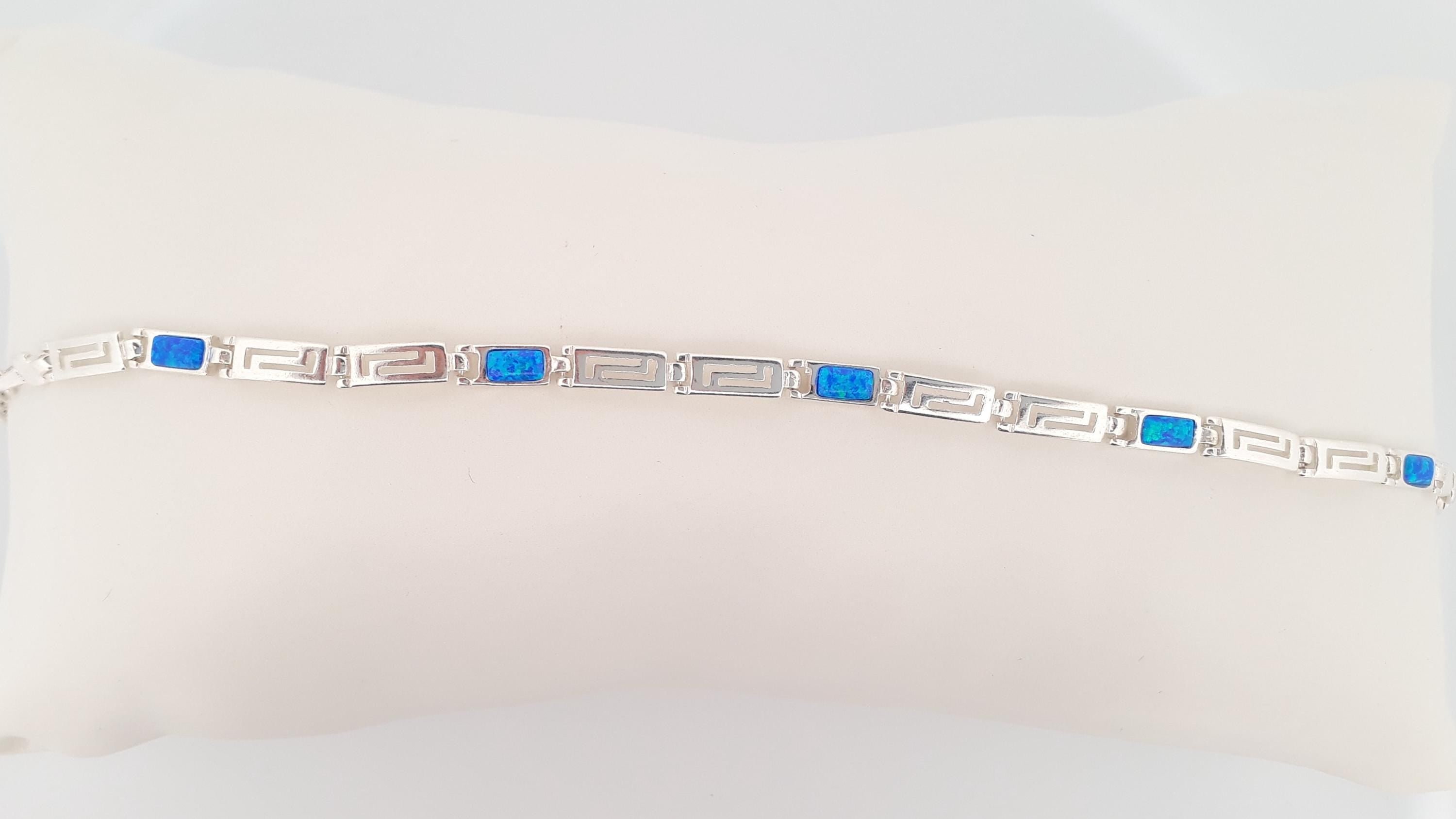 Greek Key Blue Opal Silver Bracelet, Meander Design