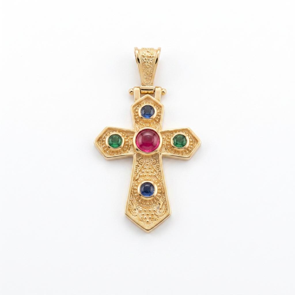 Byzantine Cross Pendant – Gold Multicolor Gemstone Antique Greek Jewelry Charm