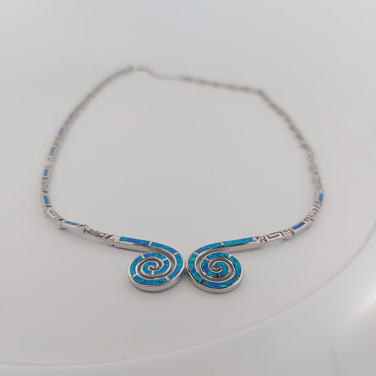 Blue Opal Double Spiral Necklace, Greek Key Meander Design