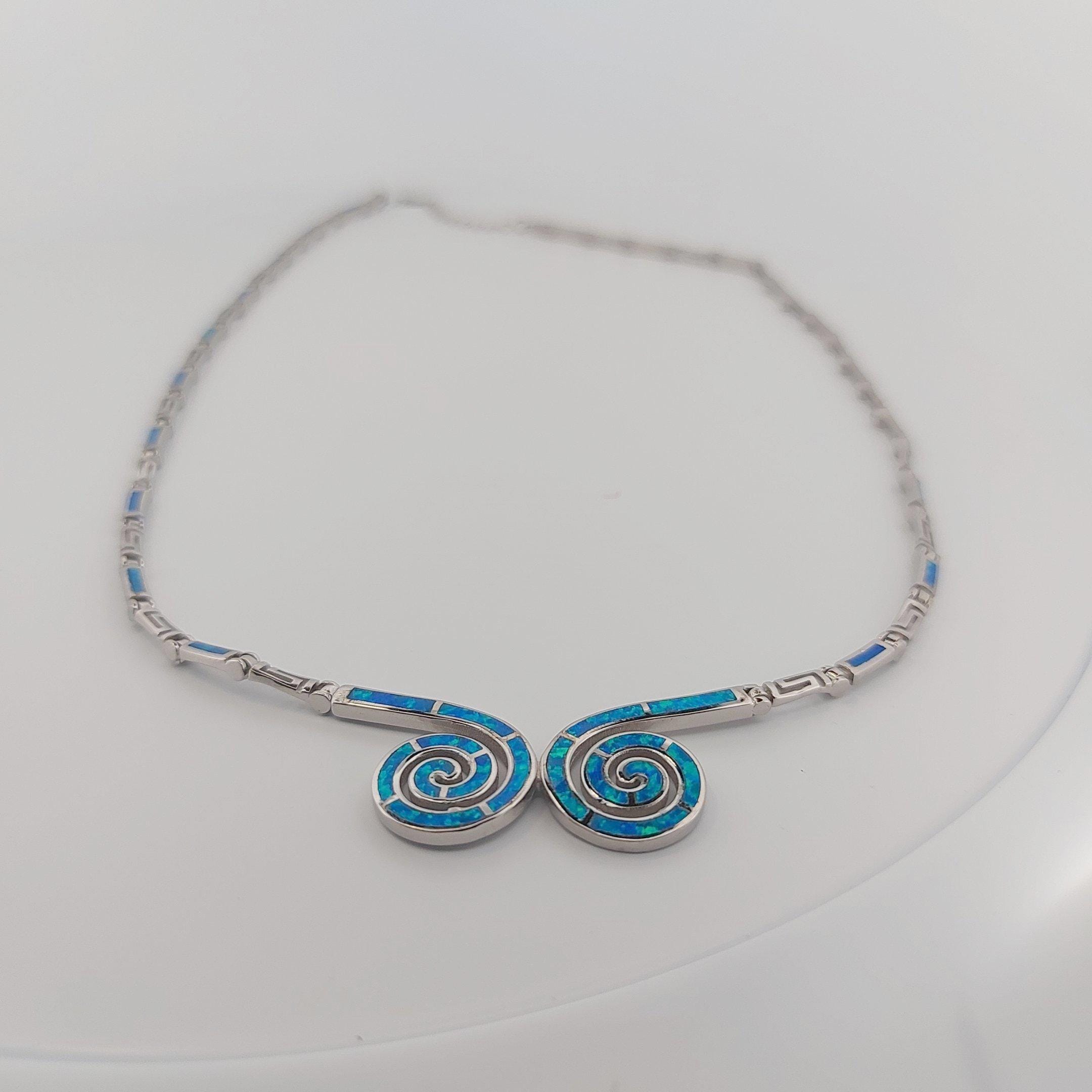 Blue Opal Double Spiral Necklace, Greek Key Meander Design