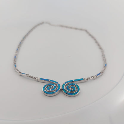 Blue Opal Double Spiral Necklace, Greek Key Meander Design