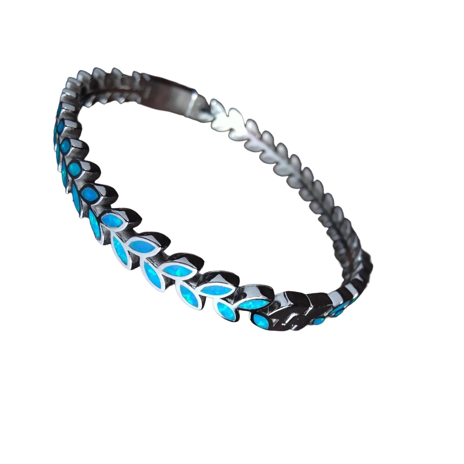 Blue Opal Olive Branch Bracelet, Sterling Silver Greek Style Bangle