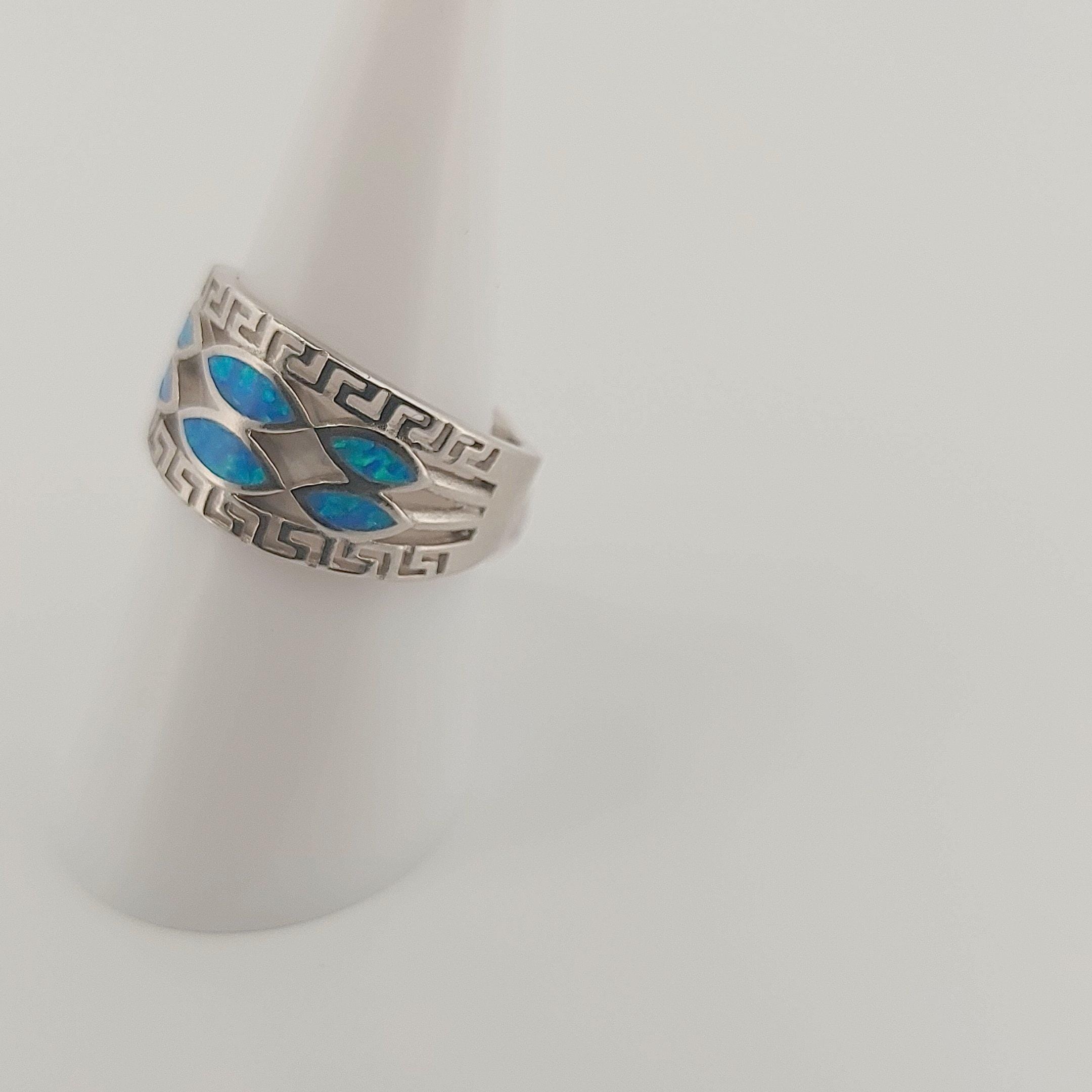 Blue Opal Ring Marquise Pattern, Sterling Silver Greek Key Meander Design
