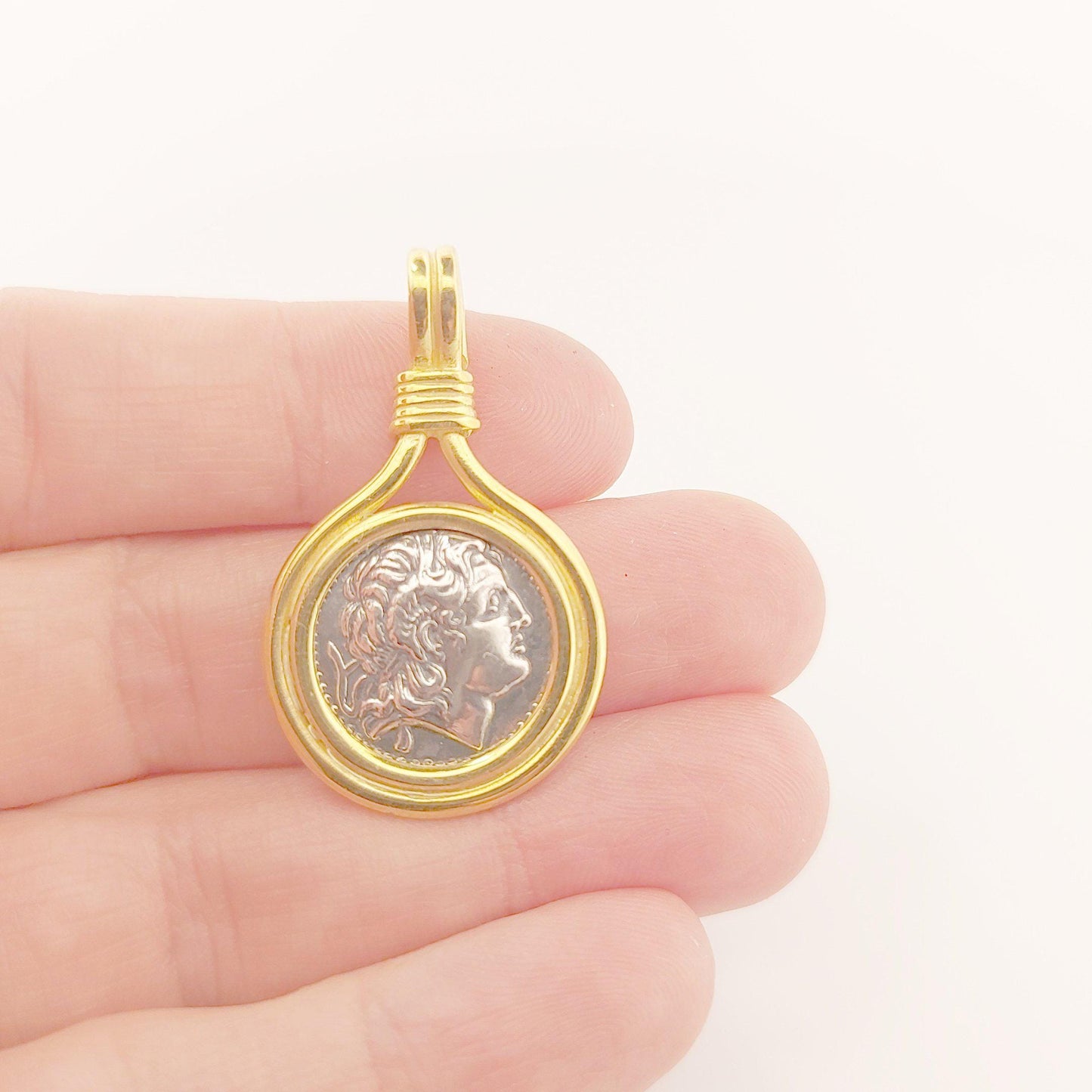Alexander the Great Ancient Greek Silver Coin Pendant, Gold Plated Frame Design