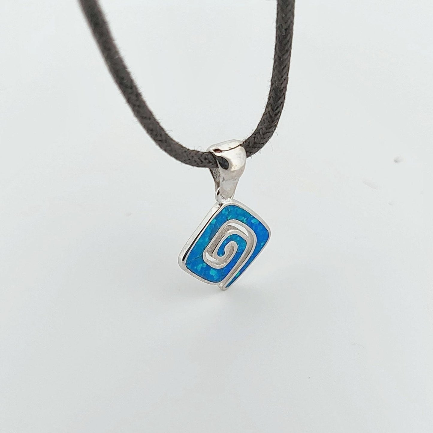 Blue Opal Greek Key Pendant: Sterling Silver Meander Necklace