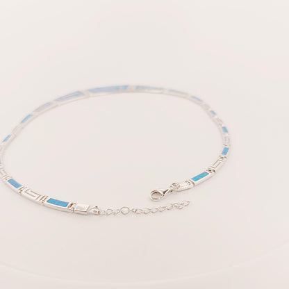 Sterling Silver Blue Opal Necklace, Greek Key Meander Design 925 Silver